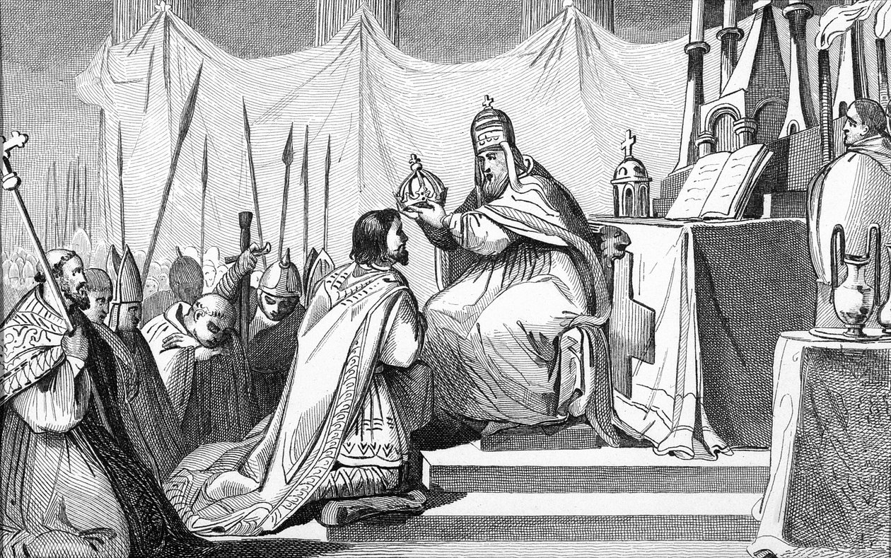 Karl der Große (742-814) gekrönt von Papst Leo III. (um 750-816) in St. Peter in Rom am 25. Dezember 800, aus 