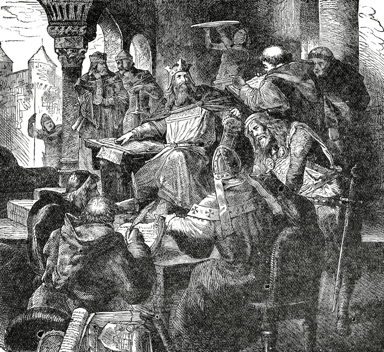 Karl der Große mit Schülern und Lehrern seiner Palastschule in Aachen, ca. 1890 von French School