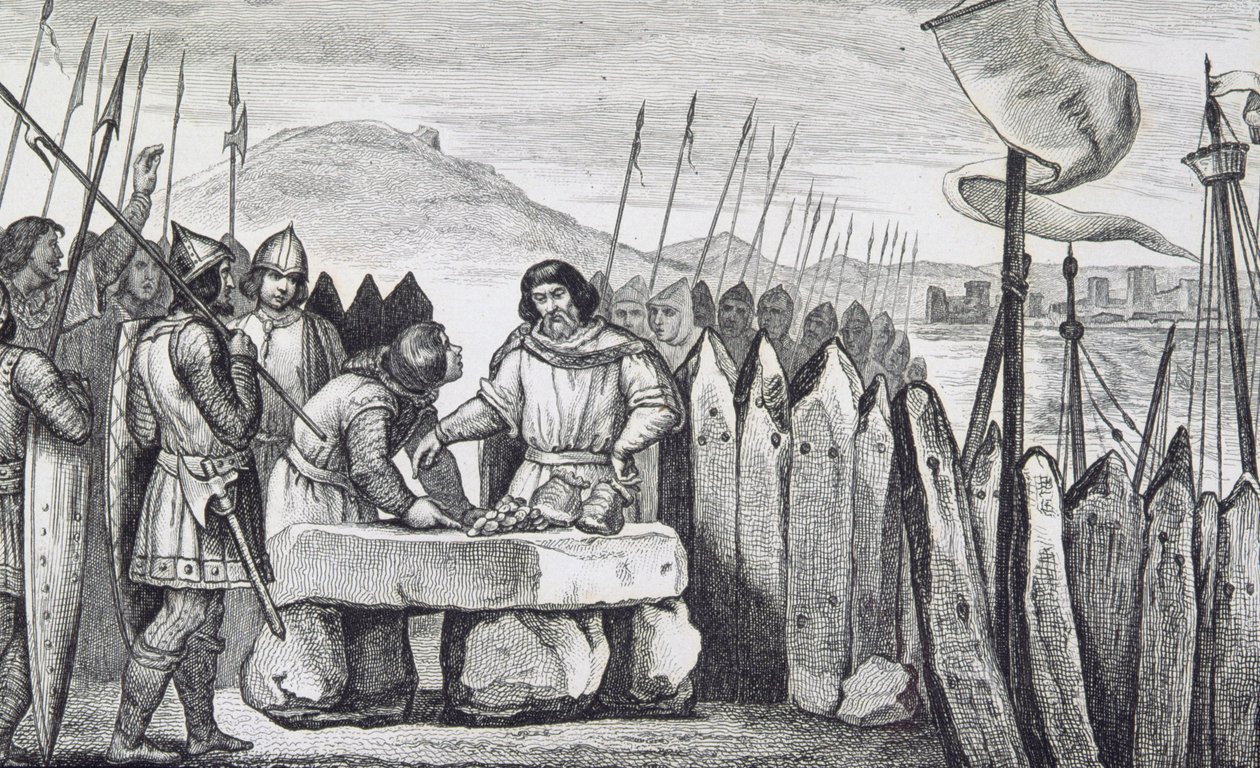Karl III. der Dicke (839-88) zahlt den Wikinger-Invasoren 886 Tribut, aus 
