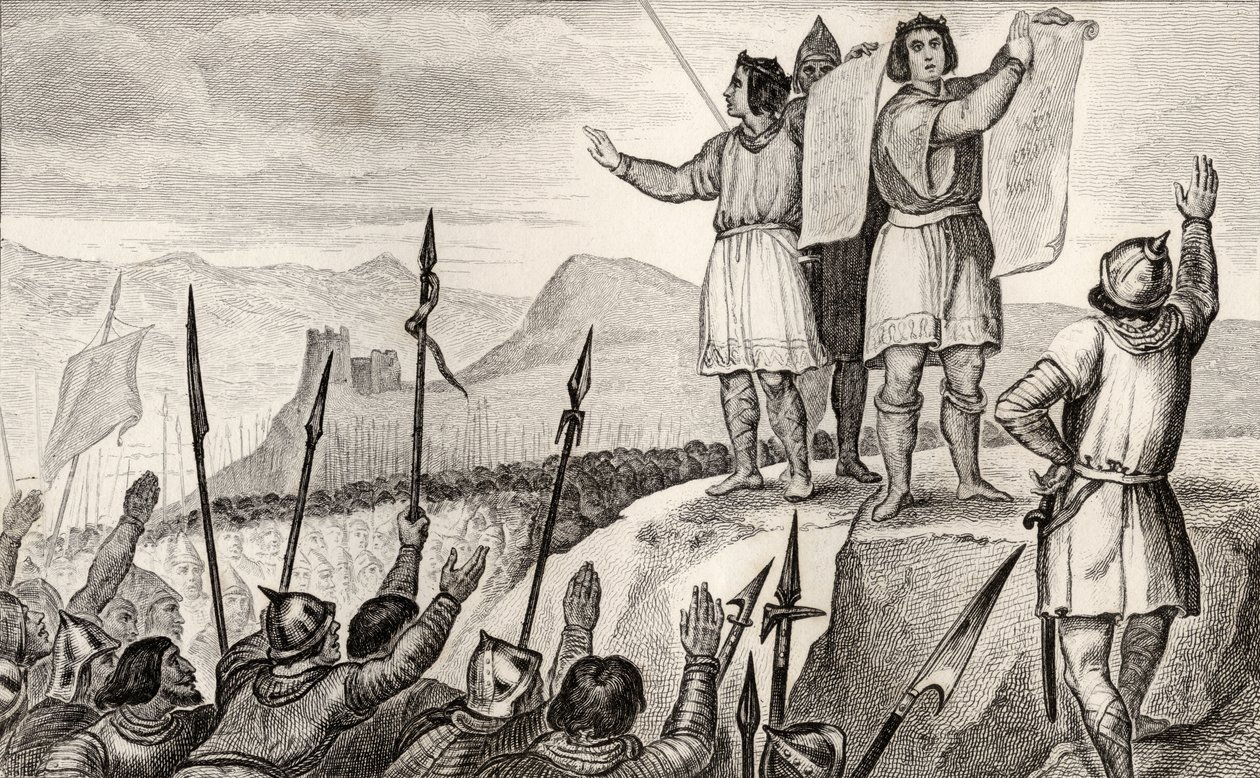 Karl II. der Kahle und sein Bruder Ludwig der Deutsche schließen 842 einen Vertrag in Straßburg, aus 