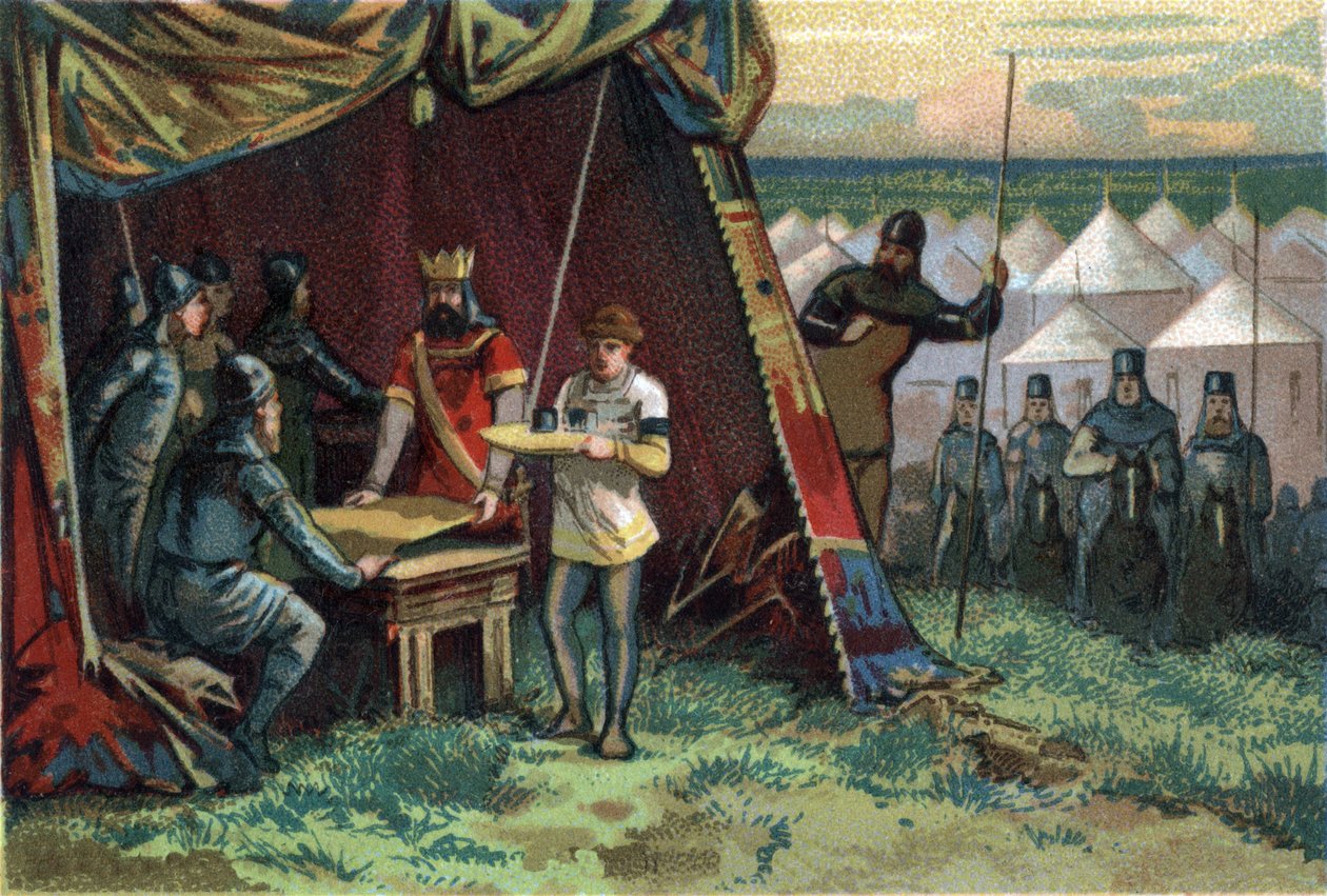 Karl II., genannt der Kahle, erkaufte den Frieden mit Silber. Chromolithographie um 1890. von French School