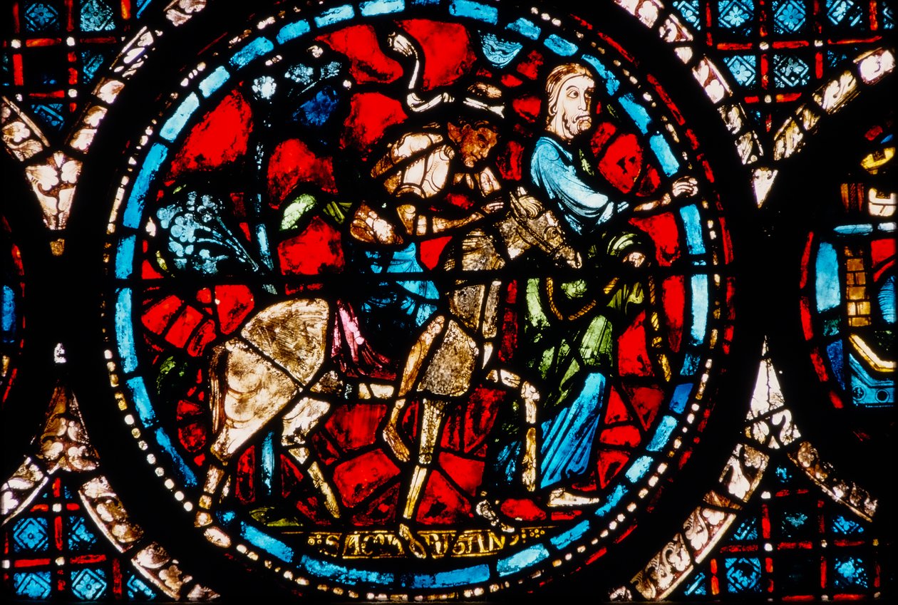 Chartres Kathedrale, Rundes Buntglasfenster des Barmherzigen Samariters von French School