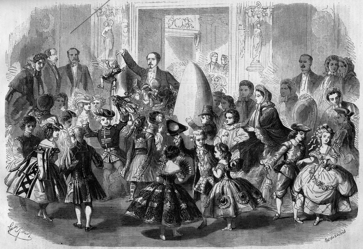 Kinderball zu Ehren von Eugene Louis Napoleon (1856-1879), Sohn von Napoleon III. Paris, 3. April 1861. Prinz Imperial (in der Mitte) ist als Pierrot enttäuscht. Gravur in „Le Monde Illustré“ Nr. 210 vom 20. April 1861. von French School
