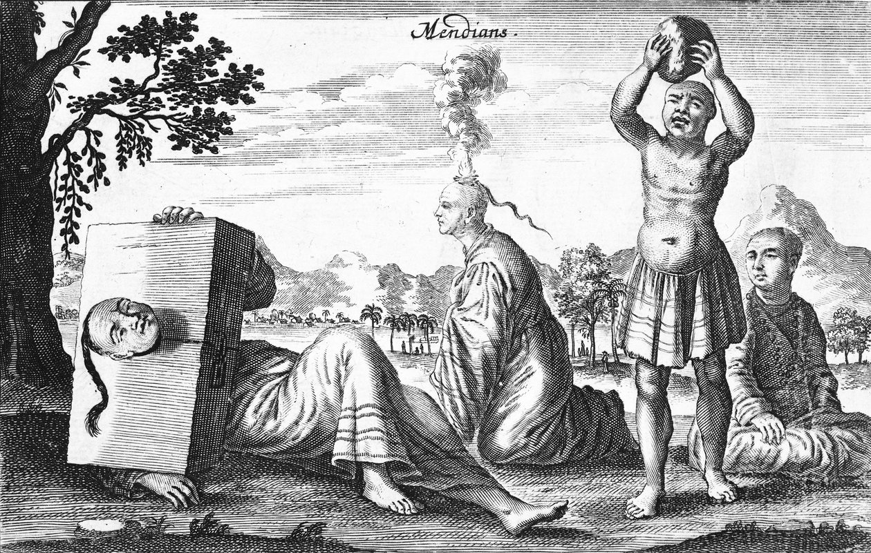 Chinesische Mendians, die selbstverletzende Handlungen ausführen, 1664 von French School