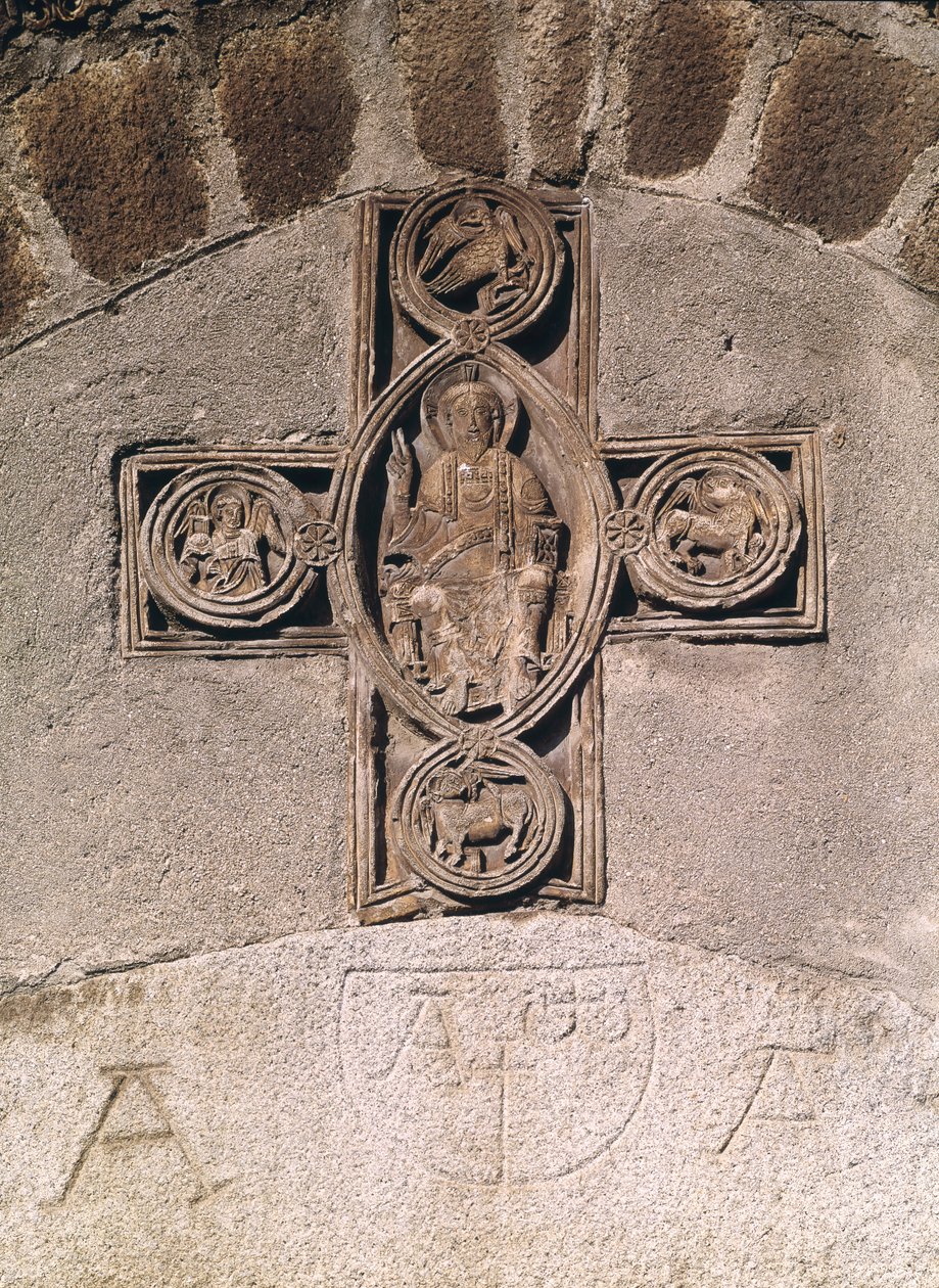 Christus in Majestät mit Symbolen der Evangelisten, 9.-10. Jahrhundert von French School