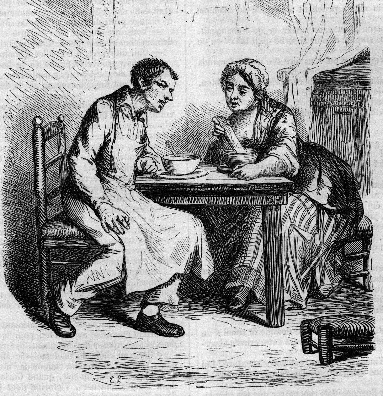 Christophe und die dicke Sylvie: Diener beim Frühstück. Gravur Mitte des 19. Jahrhunderts. Illustration für „Der Vater Goriot“ von Honore de Balzac (1799-1850). von French School