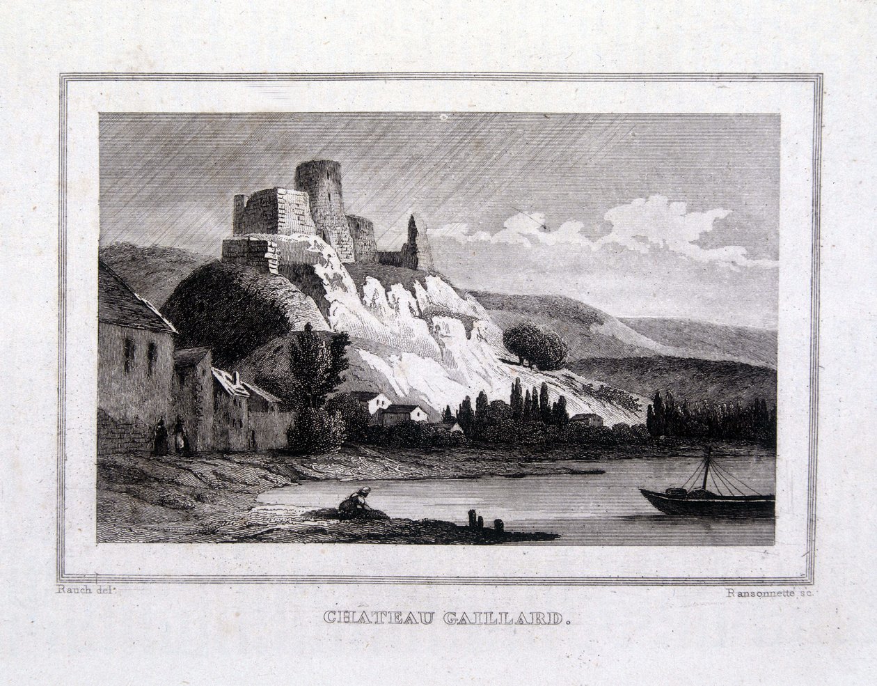 Château Gaillard von der Seine aus gesehen - Gravur von French School