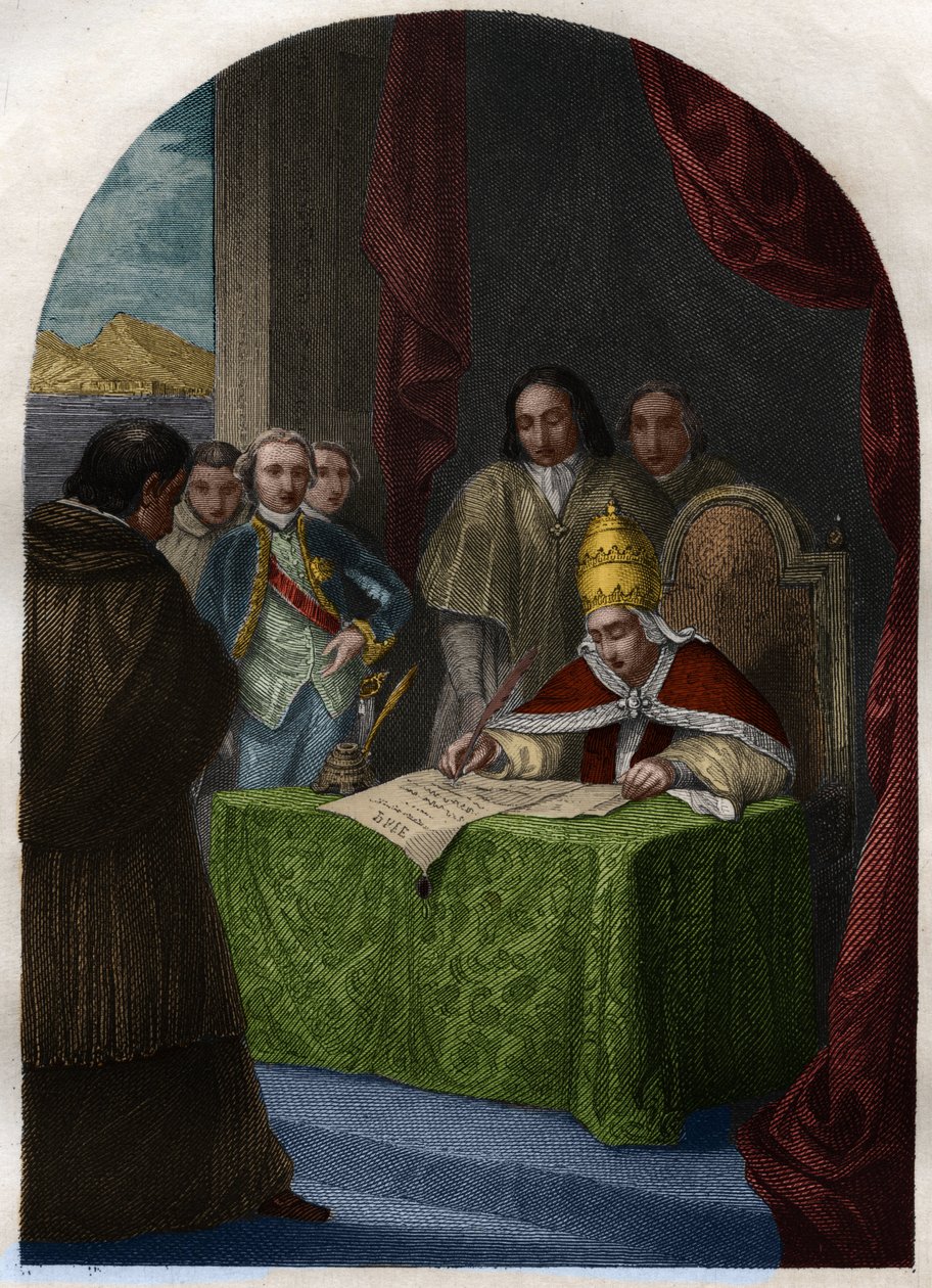 Clement XIV (1705-1774) hebt die Gesellschaft der Jesuiten am 21. Juli 1773 auf. Gravur von 1842 in „Histoire des papes: crimes, murders, poisonings, parricides, adulteres, incest...“ von Maurice Lachatre. Private Sammlung. von French School