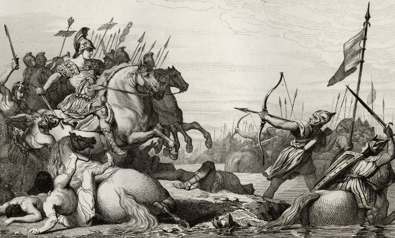 Clodion, der Haarige (ca. 428-47) zieht sich nach seiner Niederlage gegen Aetius über die Brücke zurück, aus 