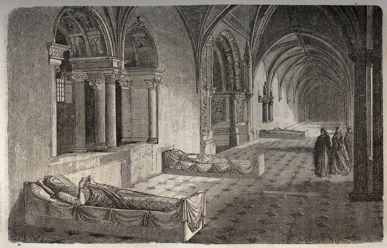 Kreuzgang von Fontevrault mit Statuen von Heinrich II. - Eleonore von Aquitanien - Gravur in „Histoire de France“ von Victor Duruy (1811-1894) - 1882 von French School