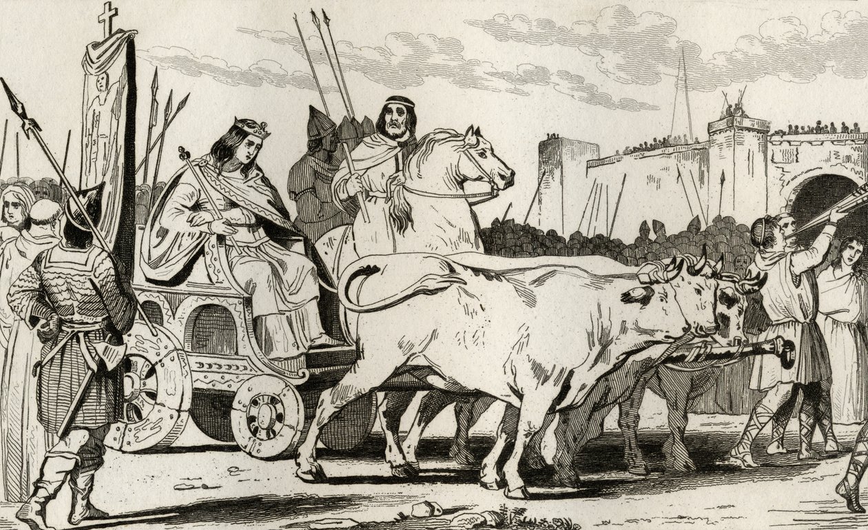 Clovis III (682-95) in einem von Ochsen gezogenen Wagen, mit Pepin II von Herstal (ca. 714) an seiner Seite, aus 