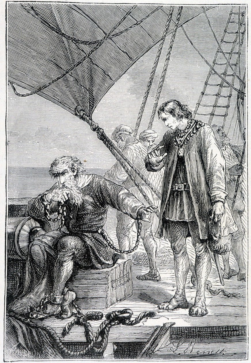Kolumbus als Bösewicht gefesselt (auf dem Schiffsdeck), Illustration Entdeckung der Erde von Jules Verne, ed. Hetzel, 19. Jahrhundert von French School