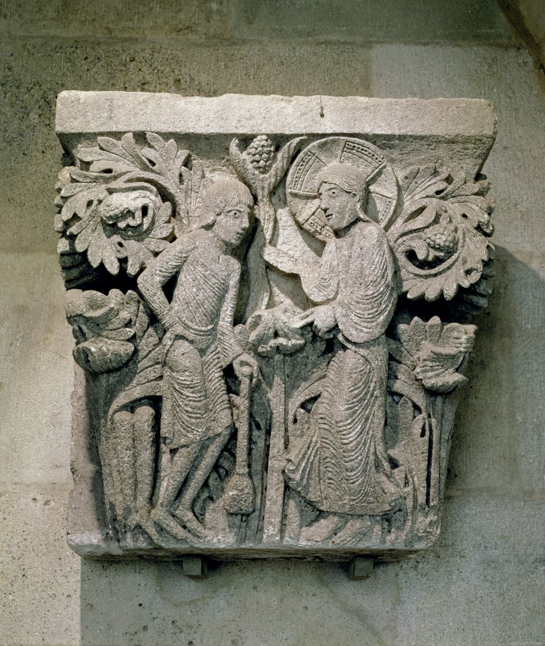Säulenkapitell, das Christus und Jakobus den Geringeren darstellt, ca. 1125-30 (Kalkstein) von French School