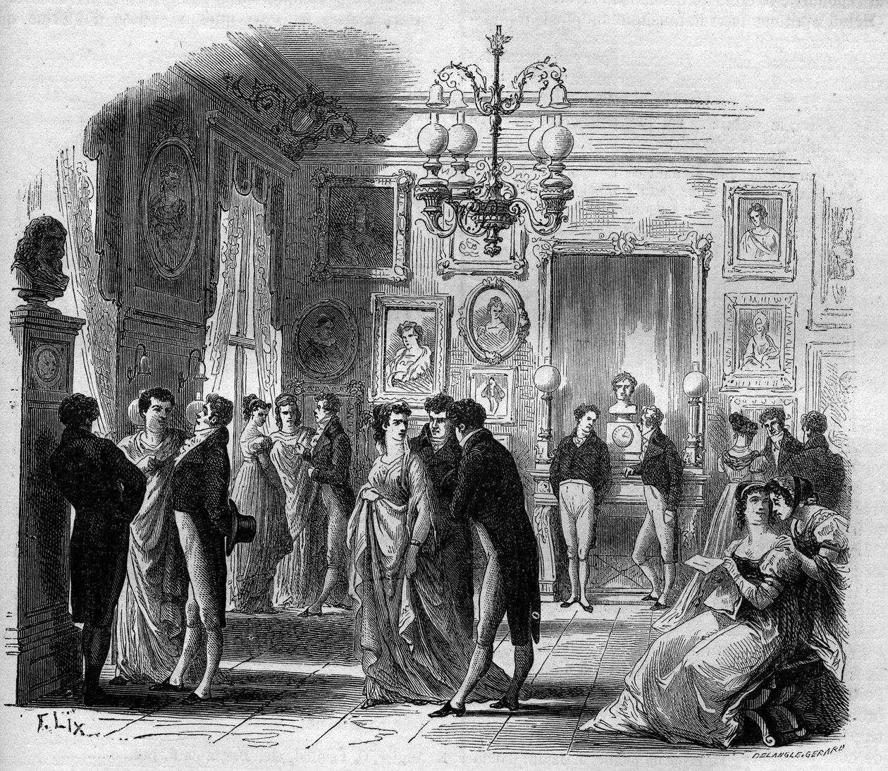 Comédie Française: Ansicht des Künstlerfoyers mit den Komödianten François-Joseph Talma (1763-1826) und Anne Boutet, genannt Mademoiselle Mars (1779-1847), französische Komödiantin. Gravur von 1867-1868. von French School
