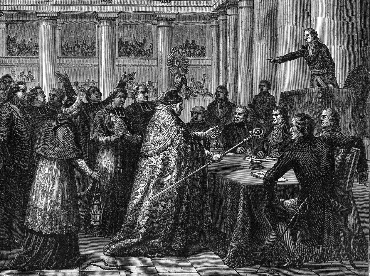 Konkordat von 1801 - Unterzeichnung des Konkordats zwischen Frankreich (in Anwesenheit von Napoleon Bonaparte) und dem Heiligen Stuhl (Stich) von French School
