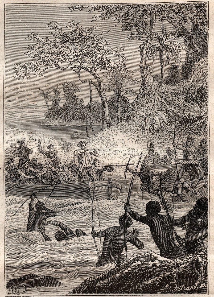 Reise von Philip Carteret auf die Inseln von Santa Cruz, insbesondere zur Insel Nendo (1767) - Illustration aus „Die großen Seefahrer des 18. Jahrhunderts“ von French School