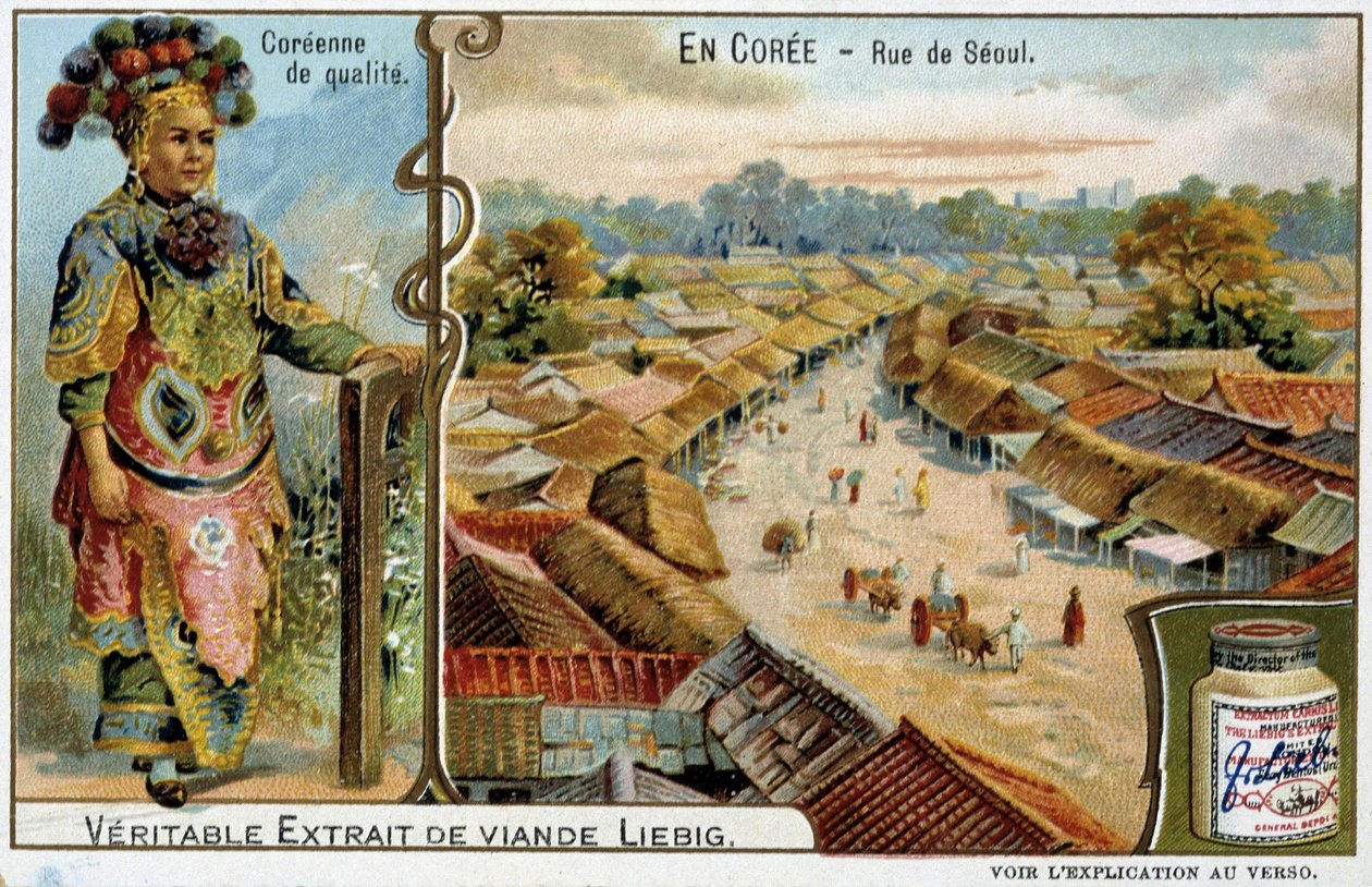 Korea: Straße in Seoul und Frauenkostüm - Chromolithografie Liébig, ca. 1900 von French School