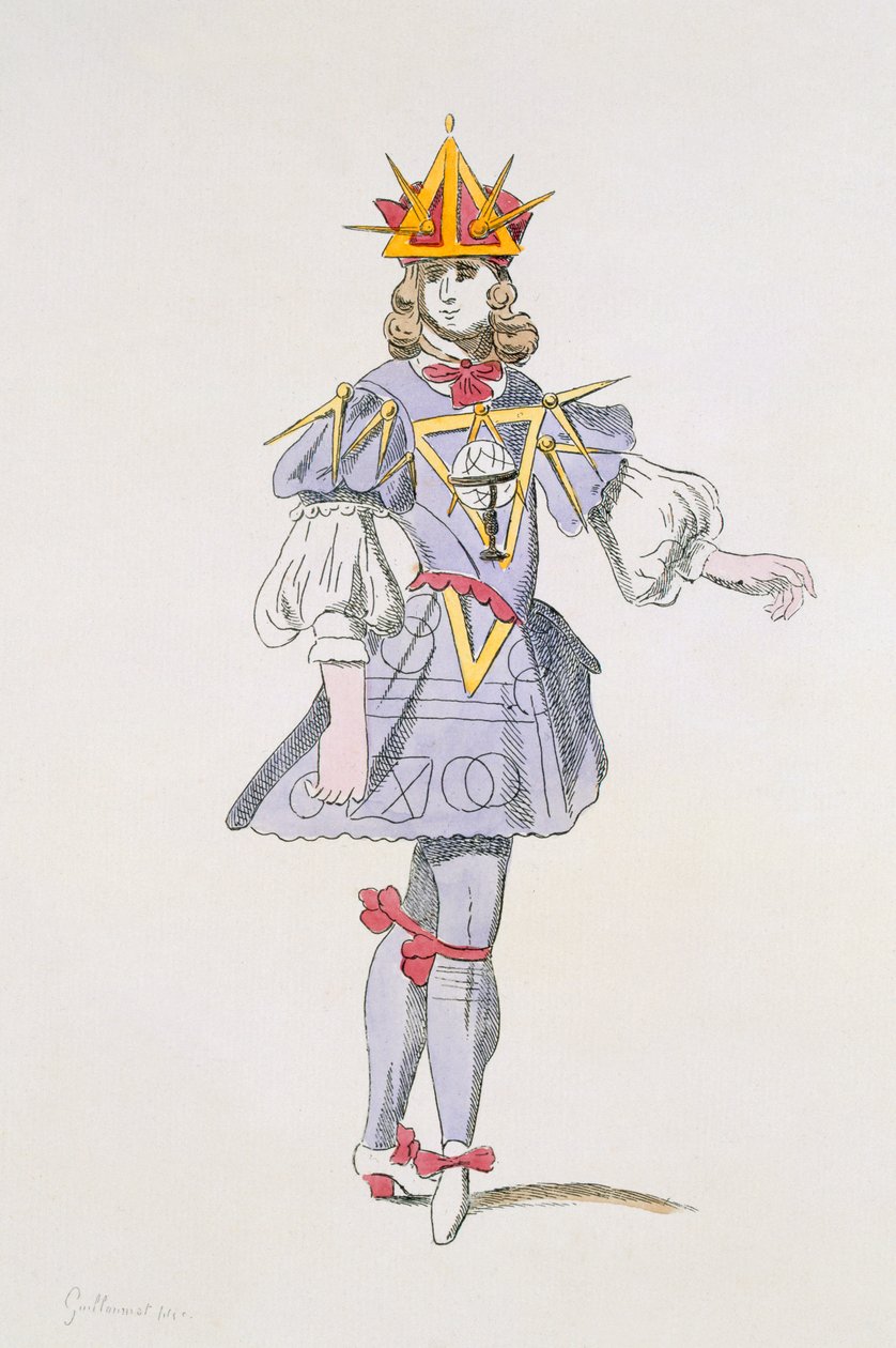 Kostümentwurf für Geometrie in einem höfischen Ballett des 17. Jahrhunderts, aus der Menus Plaisirs Sammlung, Faksimile von A. Guillaumot Fils (Farbstich) von French School