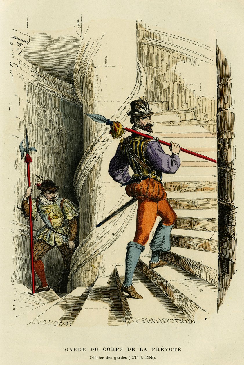 Kostüm des Leibwächters des Prévôt, gefolgt von einem Offizier der Wachen (1574 bis 1589). Farbgravur, in „Frankreich und die Franzosen durch die Jahrhunderte“ von Augustin Challamel, F. Roy Herausgeber, Paris 1882. Sammlung Selva. von French School