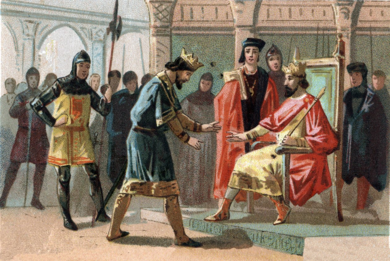 Graf Louis de Crecy, bedroht von den Einwohnern von Kortrijk, bittet König Karl den Schönen (1294-1328) um Hilfe. Chromolithographie um 1890. von French School