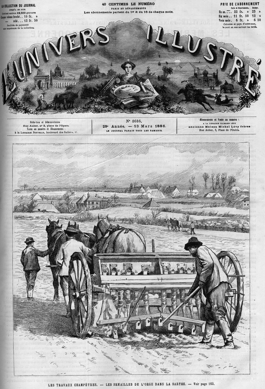 Ländliche Arbeit: Gerstensaat in der Sarthe. Eine Zeitung. Gravur in „Le Monde Illustré“, 13. März von French School