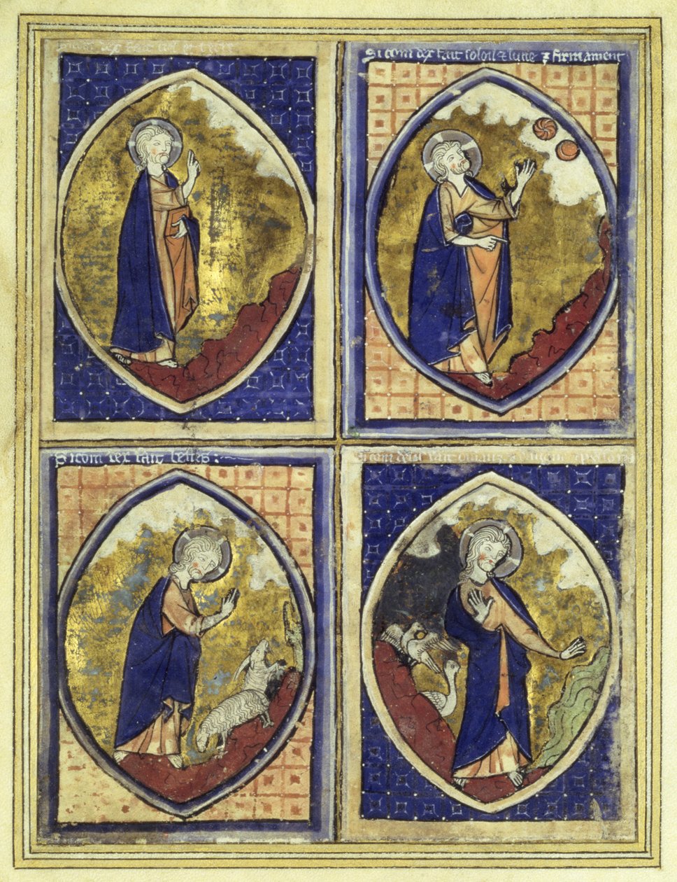 Schöpfung des Firmaments, Schöpfung der Sonne und des Mondes, Schöpfung der Tiere, Schöpfung der Vögel, spätes 13. Jahrhundert von French School