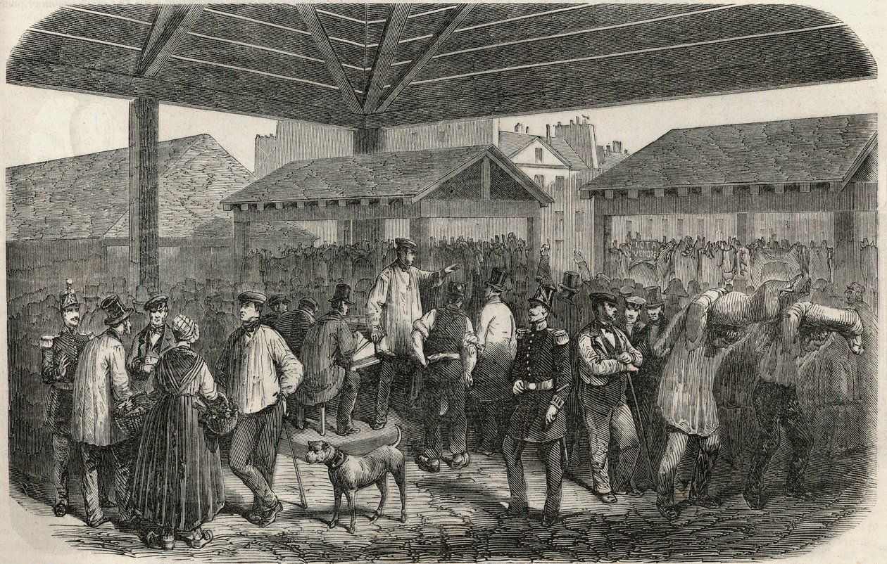 Cree de la viande de boucherie auf dem Markt der Rue des Prouvaires im 1. Arrondissement von Paris - Gravur in „Tableau-de-Paris“ von Edmond Texier 1852 von French School