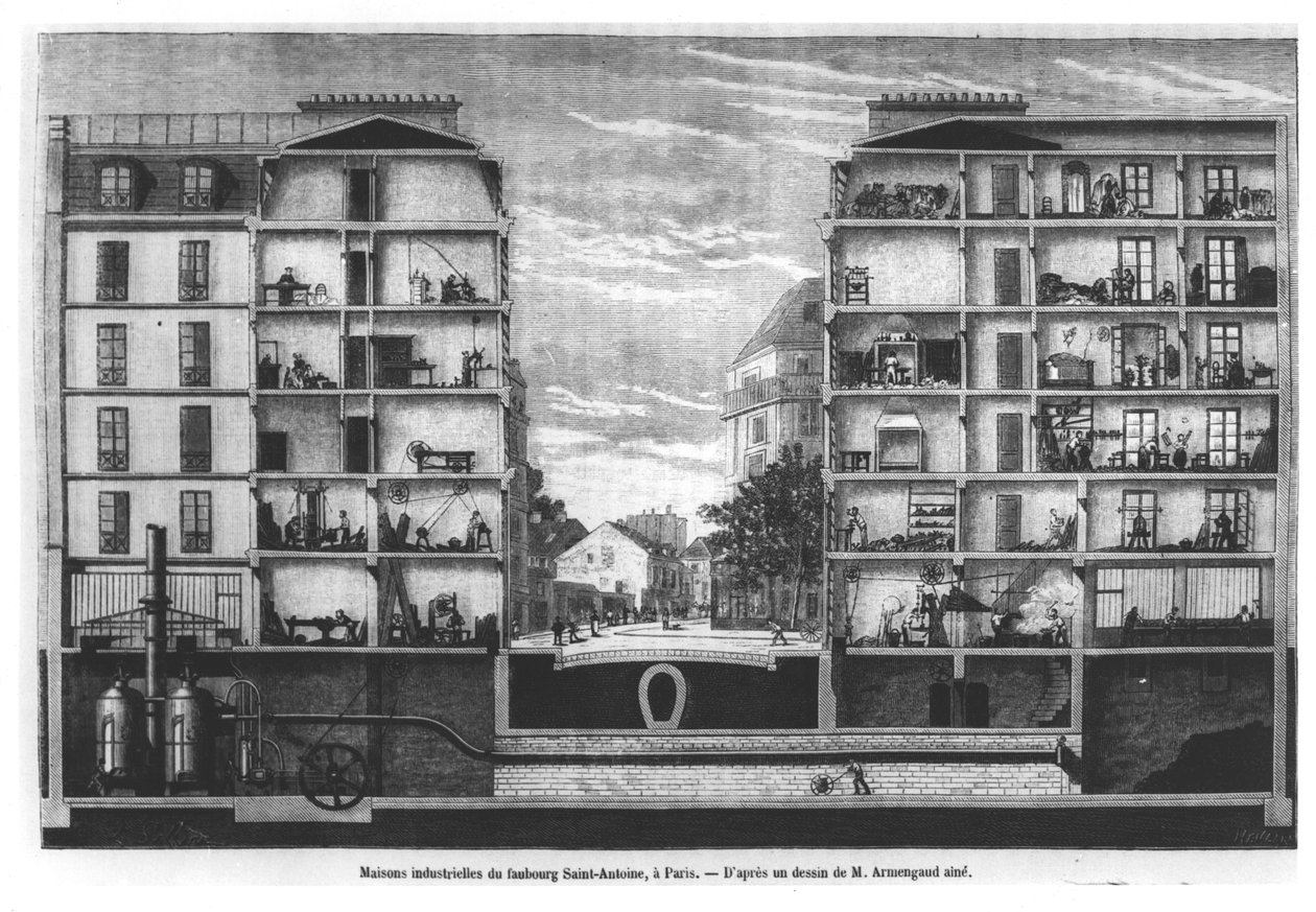 Querschnitt von Industriehäusern am Faubourg Saint-Antoine in Paris, Illustration aus Le Magasin Pittoresque, 1885 von French School