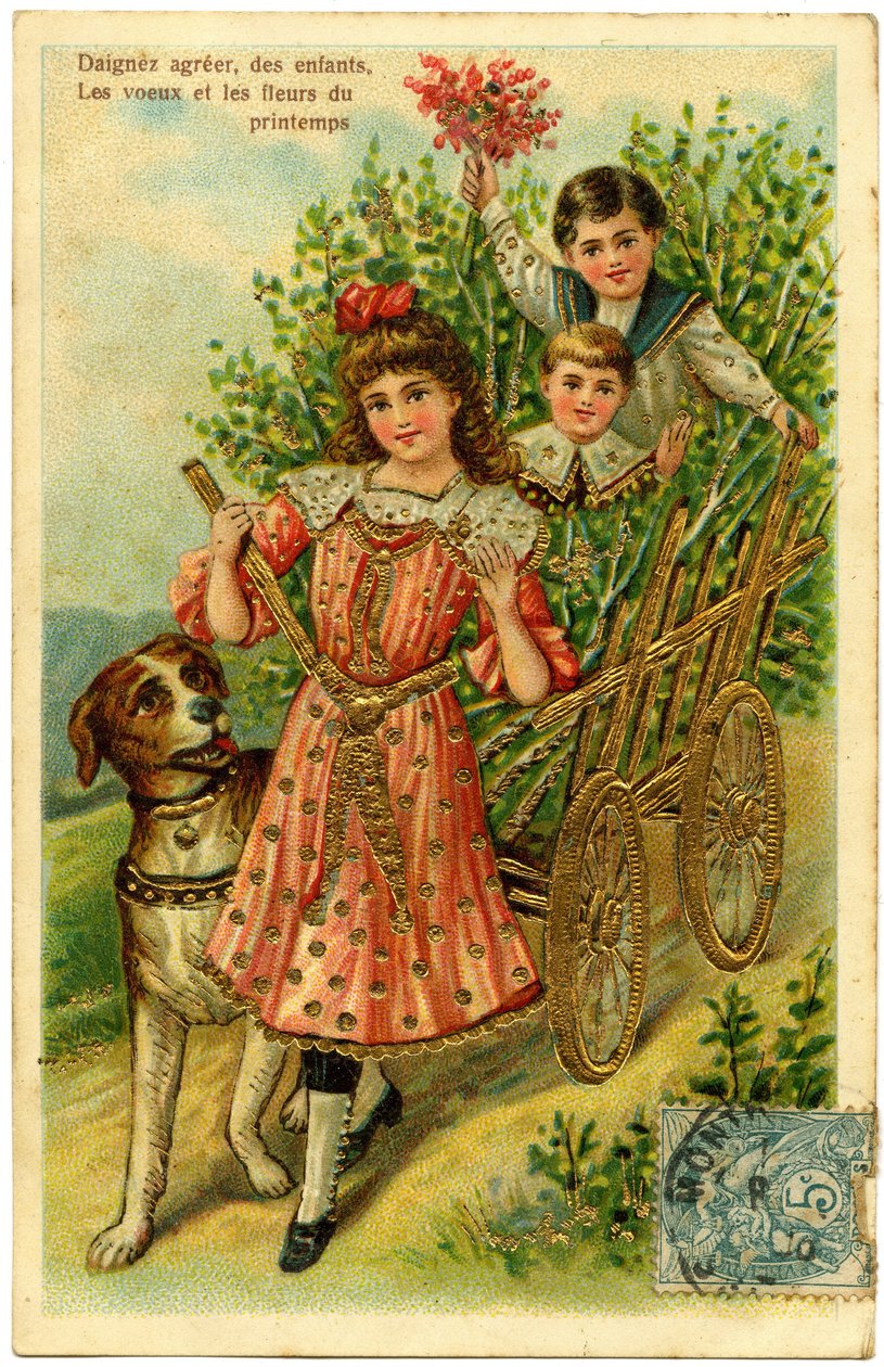 Nehmen Sie an, Kinder, Wünsche und Blumen des Frühlings: Kinder in einem Wagen, begleitet von einem Hund. Postkarte Anfang des 20. Jahrhunderts. von French School