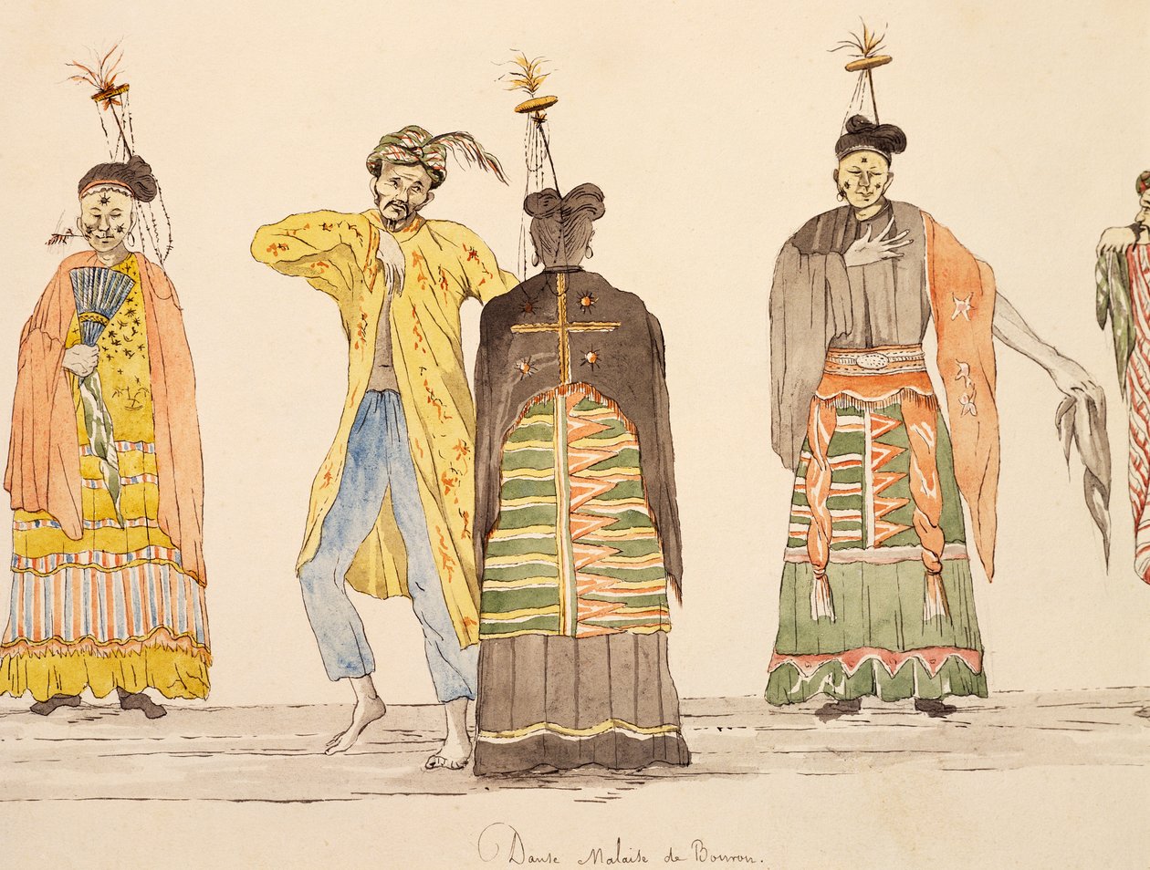 Tanz, einheimisch auf Buru, Molukken, Aquarell von Jules-Louis Lejeune, basierend auf Reise um die Welt von French School