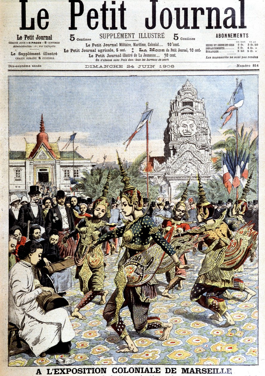 Tänzer des Königs Sisowath, die den Tanz der Nymphen im Wald auf der Kolonialausstellung in Marseille aufführen. In „Le petit journal“, am 24.06.1906 von French School