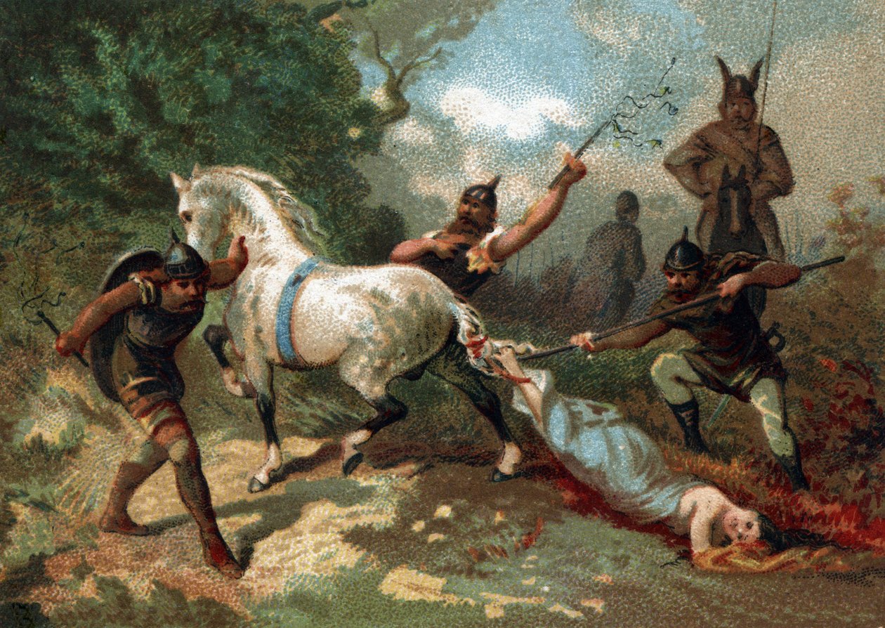 Tod von Brunehaut (oder Brunehilde) (an den Schwanz eines unzähmbaren Pferdes gebunden) auf Befehl von Chlothar II. (613). Chromolithographie Ende des 19. Jahrhunderts. von French School