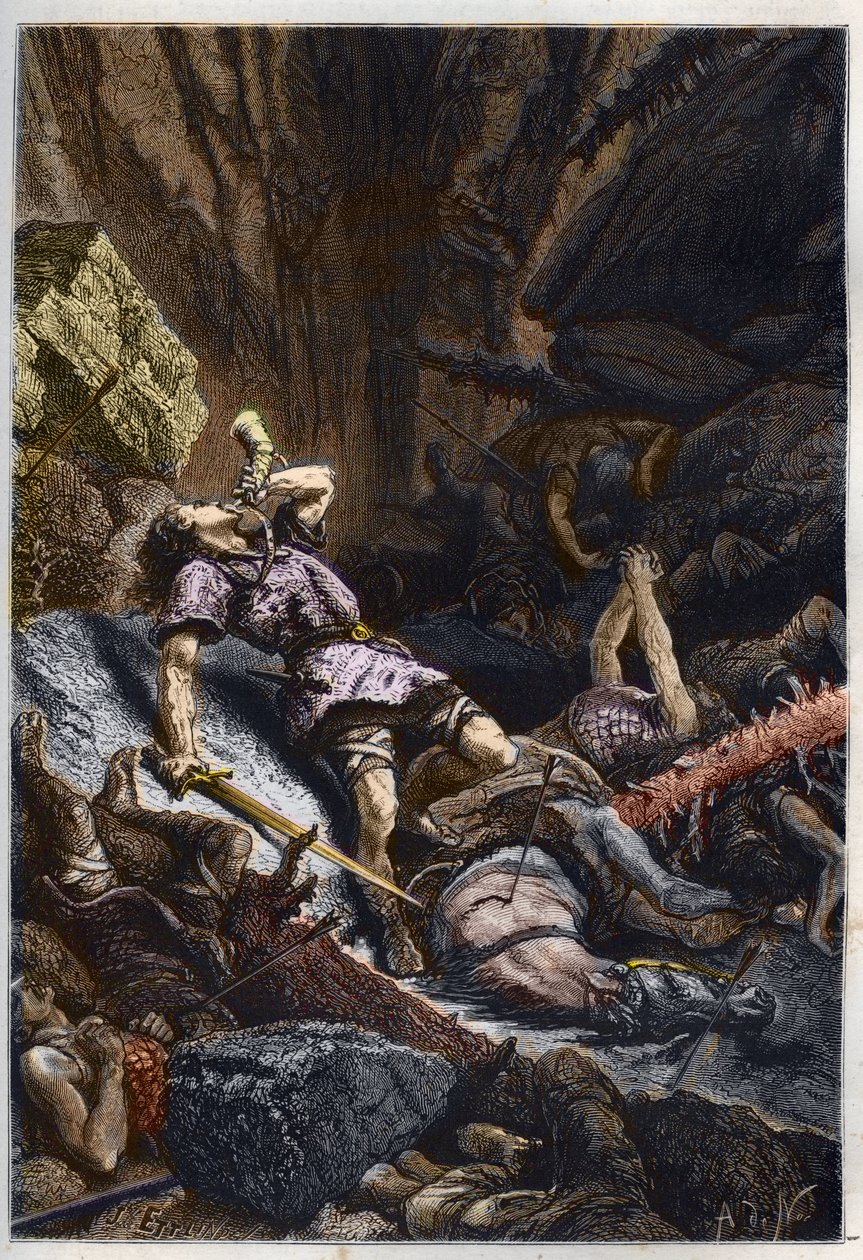 Tod des Ritters Roland, Neffe von Karl dem Großen, in der Schlacht von Roncevaux (778), die die Armee von Karl dem Großen und die Sarazenen gegeneinander stellte - Tod von Roland in der Schlacht am Roncevaux-Pass, 778 - Gravur aus „L