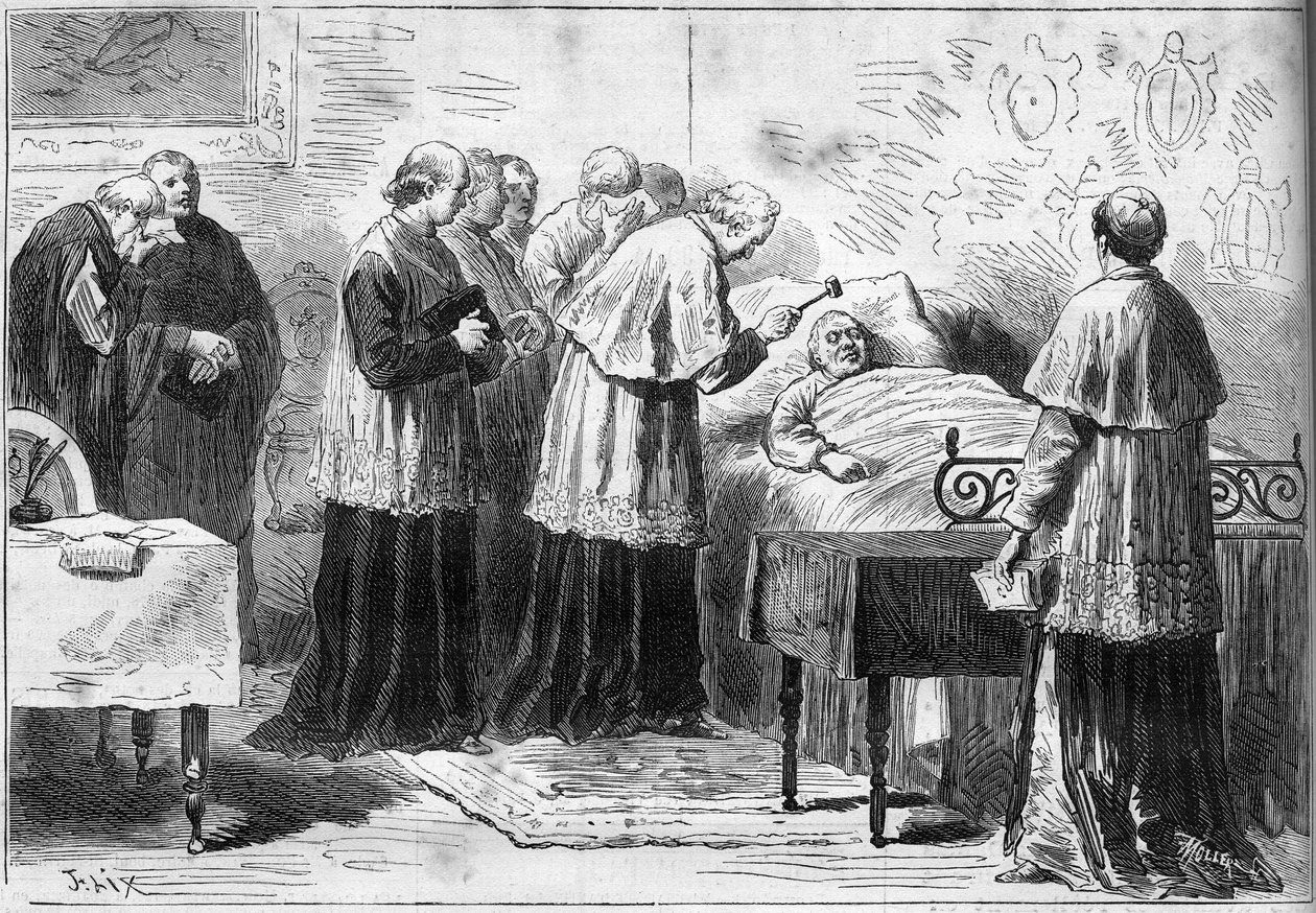Tod von Papst Pius IX. (Pio) (1792-1878): Ritual der Anerkennung des Todes des Papstes. Ein Kardinal schlägt mit einem silbernen Hammer auf die Stirn des Verstorbenen. Gravur in „Le Monde Illustré“ Nr. 1089 vom 16. Februar 1878 von French School