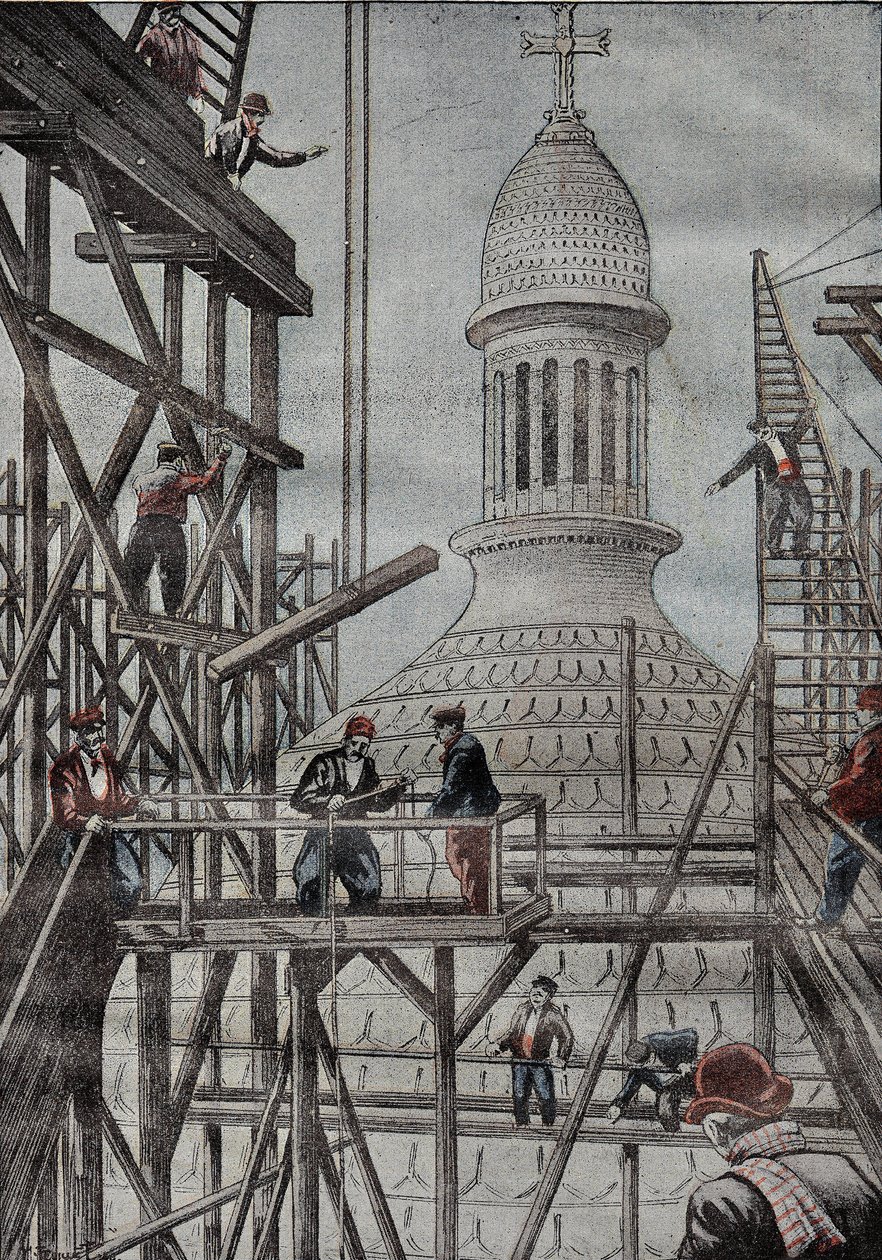 Demonstration des Gerüsts zur Enthüllung des Endes des Baus der Kuppel der Basilika von Montmartre. Gravur in „Le Pelerin“ 17/12/1899 von French School
