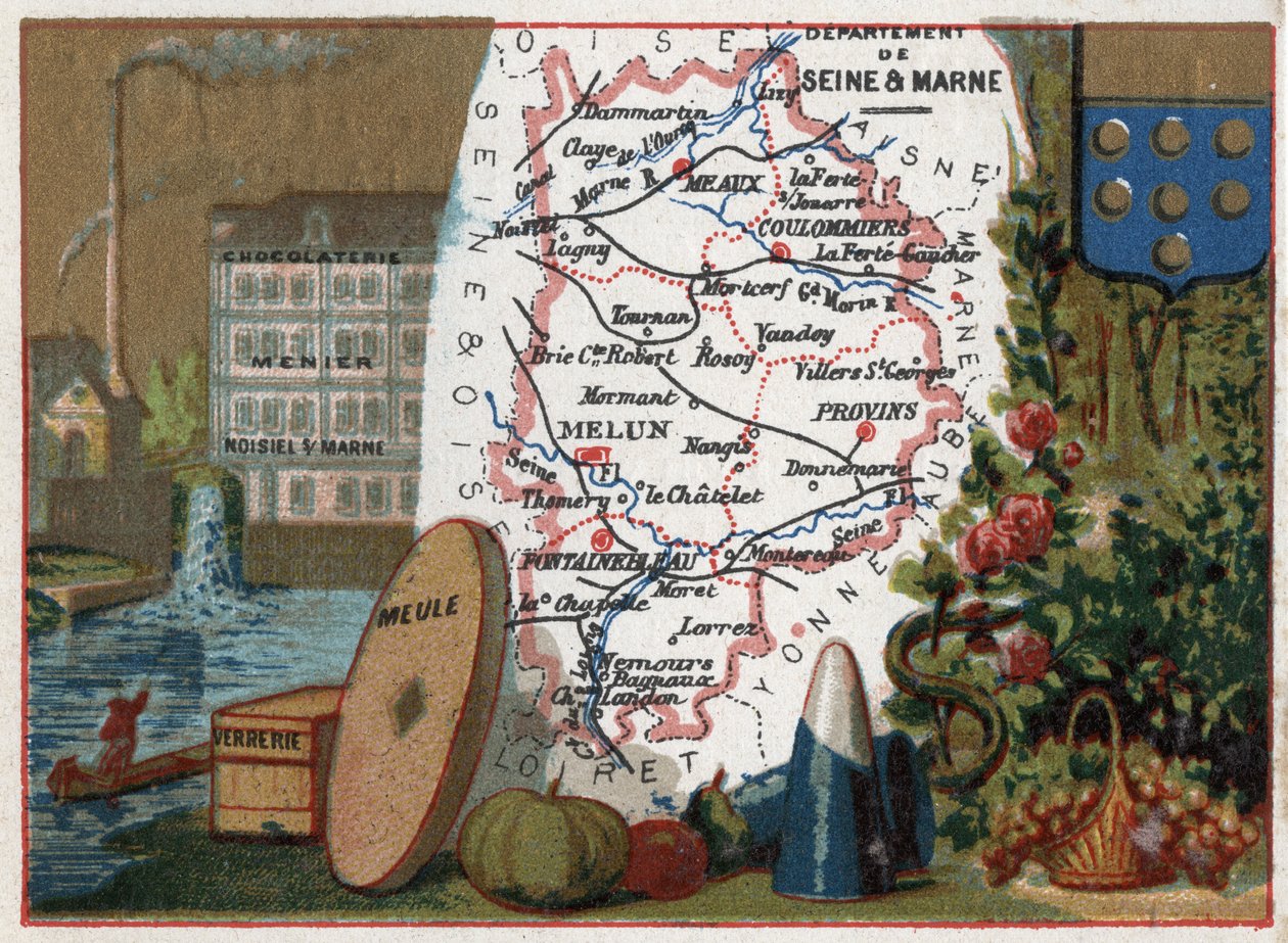 Département Seine-et-Marne (77), Île-de-France, Frankreich. Lokale Spezialität: Schokoladenfabrik Menier Chocolaterie in Noisiel-sur-Marne, Glaswaren, Mühlstein. Serie über die französischen Departements. Chromolithographie „der geografische Faden“, um 192 von French School