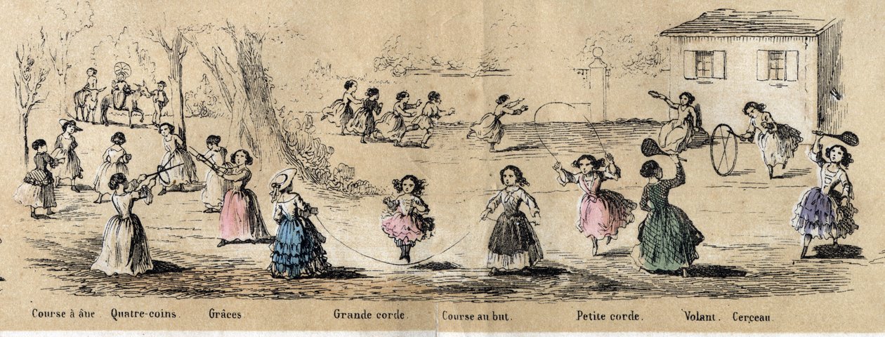 Beschreibung der Hobbys und Spiele von Kindern: Mädchenspiele, Vier-Ecken-Spiel, Seilspringen, Zielrennen, Reifen und Steuer. Tafel „Die Kinderspiele“ in „Les Recreations instructives“. Synoptisches Gemälde von Jules Delbruck, Gravur von 1860. von French School