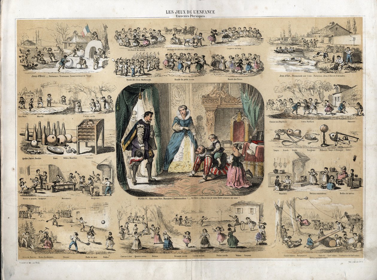 Beschreibung der Freizeit und Spiele von Kindern: in der Mitte König Heinrich IV. spielt mit seinen Kindern (wahrscheinlich Ludwig XIII. und Elisabeth von Frankreich) vor dem spanischen Botschafter. Königin Maria von Medici ist anwesend. Darstellung versch von French School