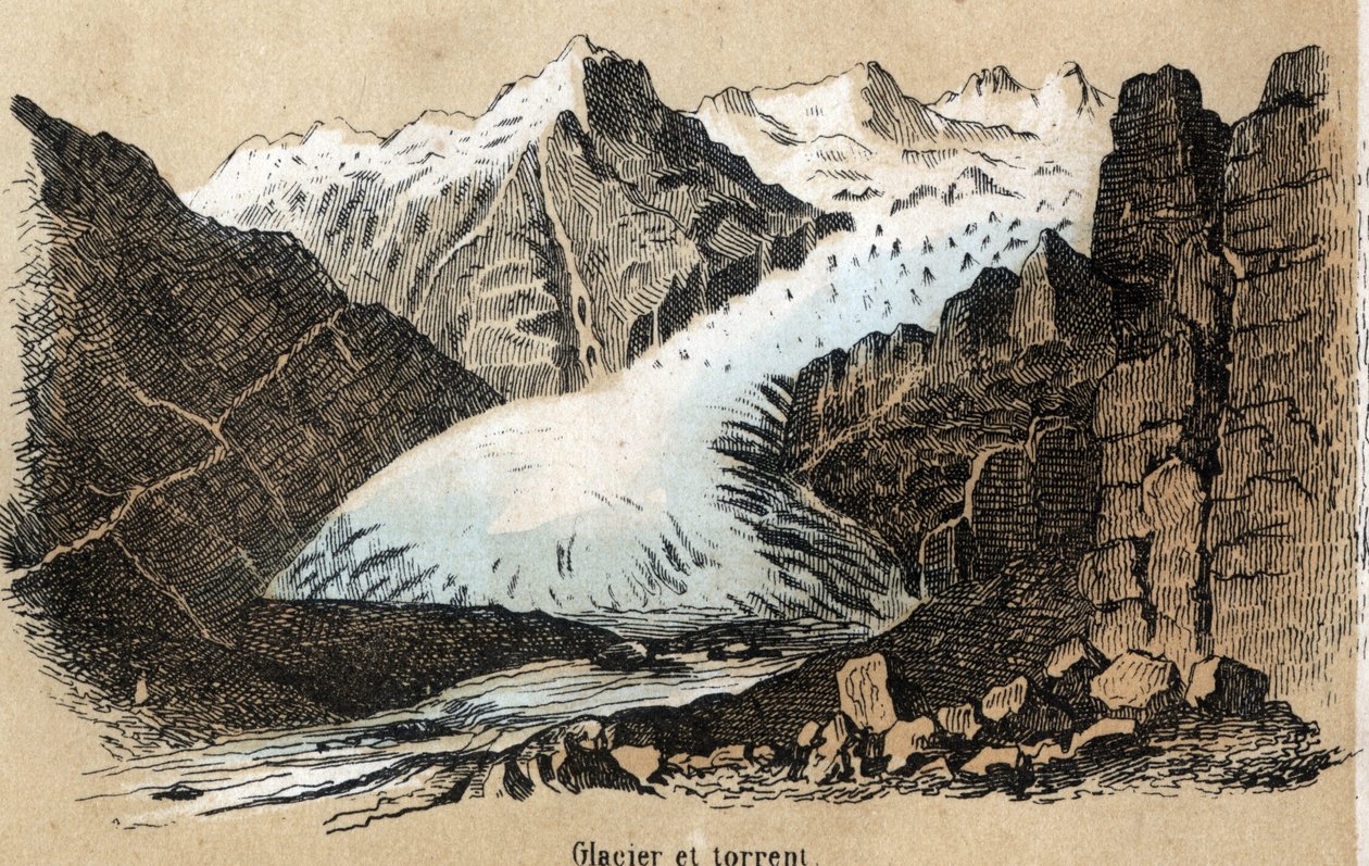 Beschreibung der verschiedenen Landschafts- und Reliefarten je nach Geographie: Detail eines Gletschers (oder Eismeers) in einer Gebirgskette. (Physical Geography) von French School