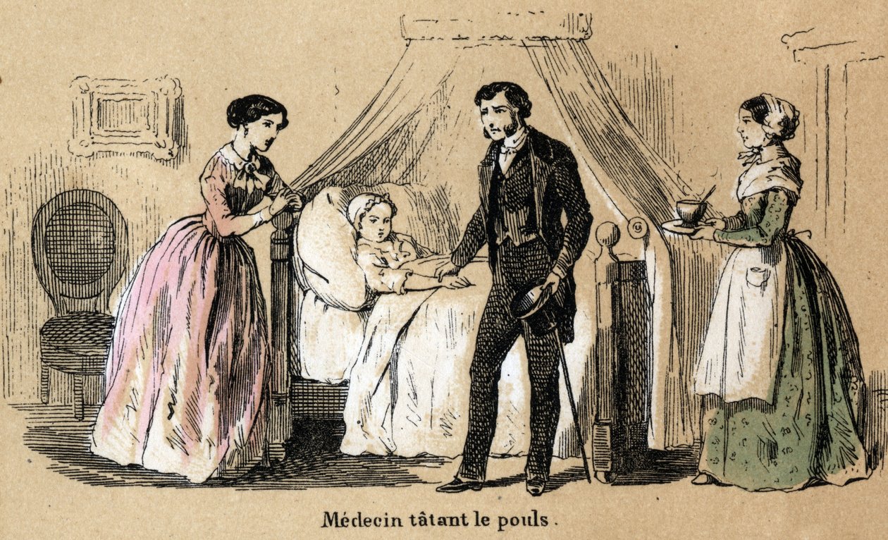 Beschreibung der fünf Sinne: Tastsinn, ein Arzt tastet den Puls eines kranken Mädchens. Tafel „Die fünf Sinne“ in „les Recreations instructives“ Synoptisches Gemälde von Jules Delbruck, Gravur von 1860. Private Sammlung von French School