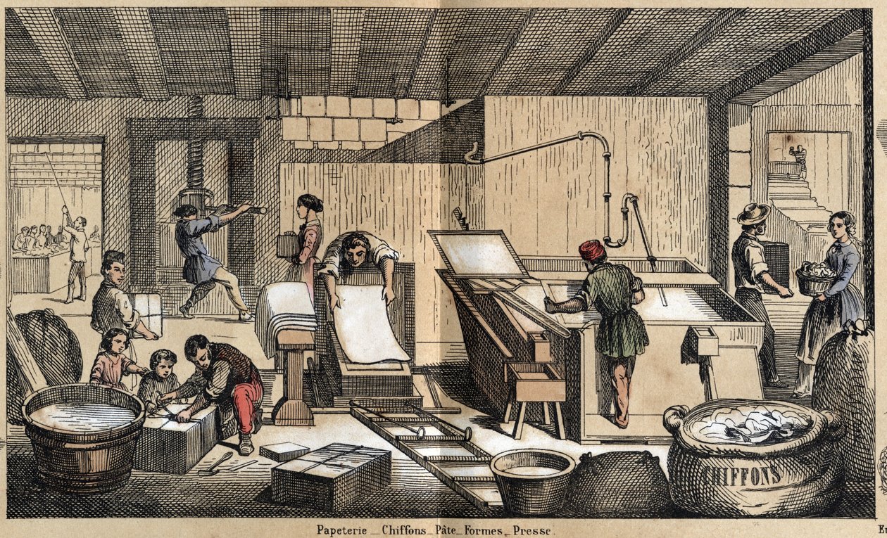 Beschreibung der verschiedenen Produkte und Verwendungen von Papier: Aktivitäten in einer Papierwarenhandlung, Herstellung von Papier aus Lumpen, Zellstoff, Formen und Presse. Tafel „Das Papier und seine Produkte“ in „les Recreations instructives“ Synoptis von French School