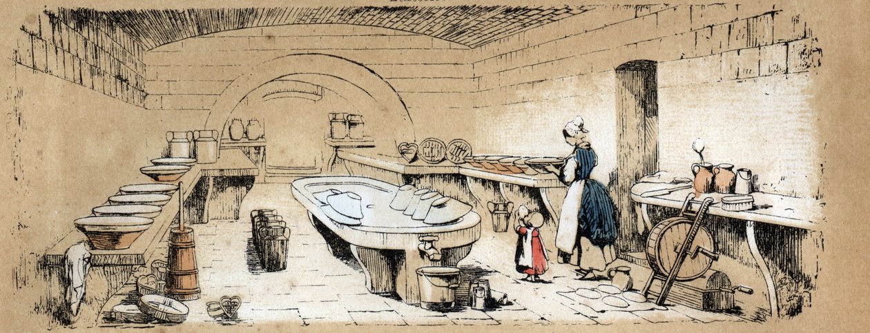 Beschreibung der verschiedenen Produkte und Verwendungen der Kuh: Ansicht einer Molkerei bei der Käseherstellung. Tafel „La coache et ses produits“ in „les Recreations instructives“ Synoptisches Gemälde von Jules Delbruck, Gravur von 1860. Private Sammlung von French School