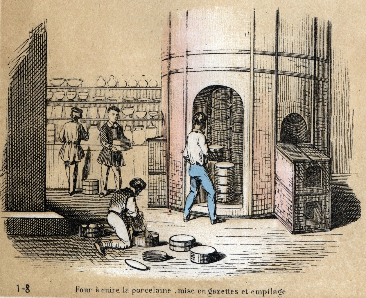 Beschreibung der verschiedenen Herstellungsschritte und Verwendungen von Ton: Ansicht eines Porzellanofens, Glasieren und Stapeln. Tafel „Der Ton und seine Produkte“ in „Les Recreations instructives“. Synoptisches Gemälde von Jules Delbruck, Gravur von 186 von French School