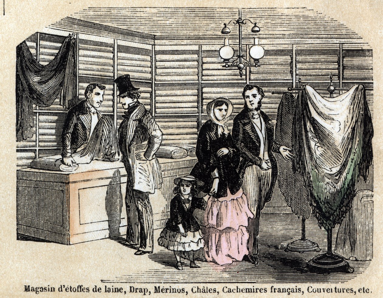 Beschreibung der verschiedenen Verwendungen und Produkte aus Schaf: Ansicht eines Ladens mit Wollstoffen und Stoffen, Laken, Kaschmir. Tafel „Die Schafe“ in „Les Recreations instructives“, Synoptisches Gemälde von Jules Delbruck, Gravur von 1860. Private S von French School