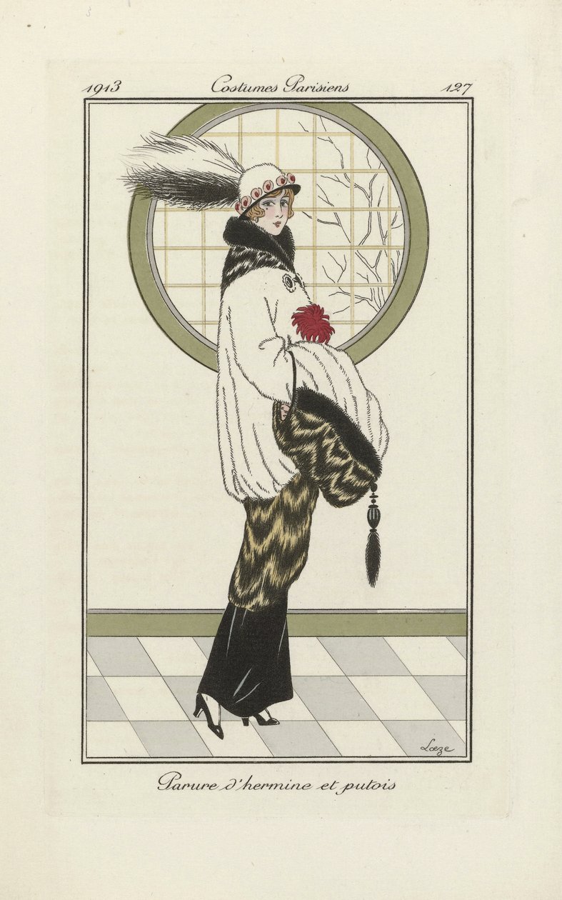 Entwurf für Hermelin- und Iltis-Ensemble, aus Costumes Parisien, veröffentlicht 1913 (Pochoir-Druck) von French School