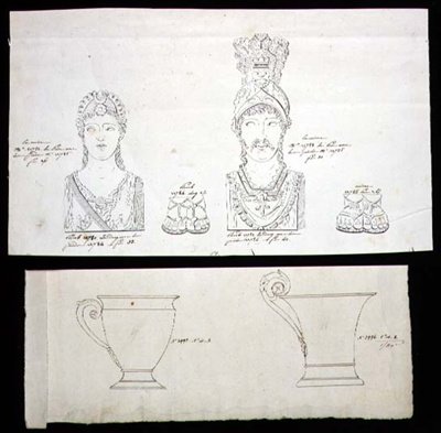 Entwürfe für vergoldete Bronze-Ormolu-Möbelbeschläge und französische Empire-Porzellantassen, ca. 1820 von French School