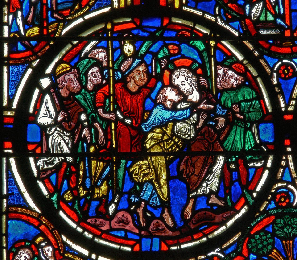 Detail eines Fensters, das die Passion darstellt: Judas