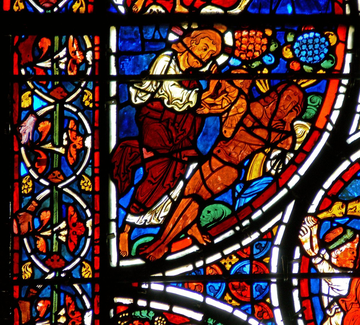 Detail eines Fensters, das das Gleichnis vom barmherzigen Samariter darstellt: Die Erschaffung Evas (Detail) von French School