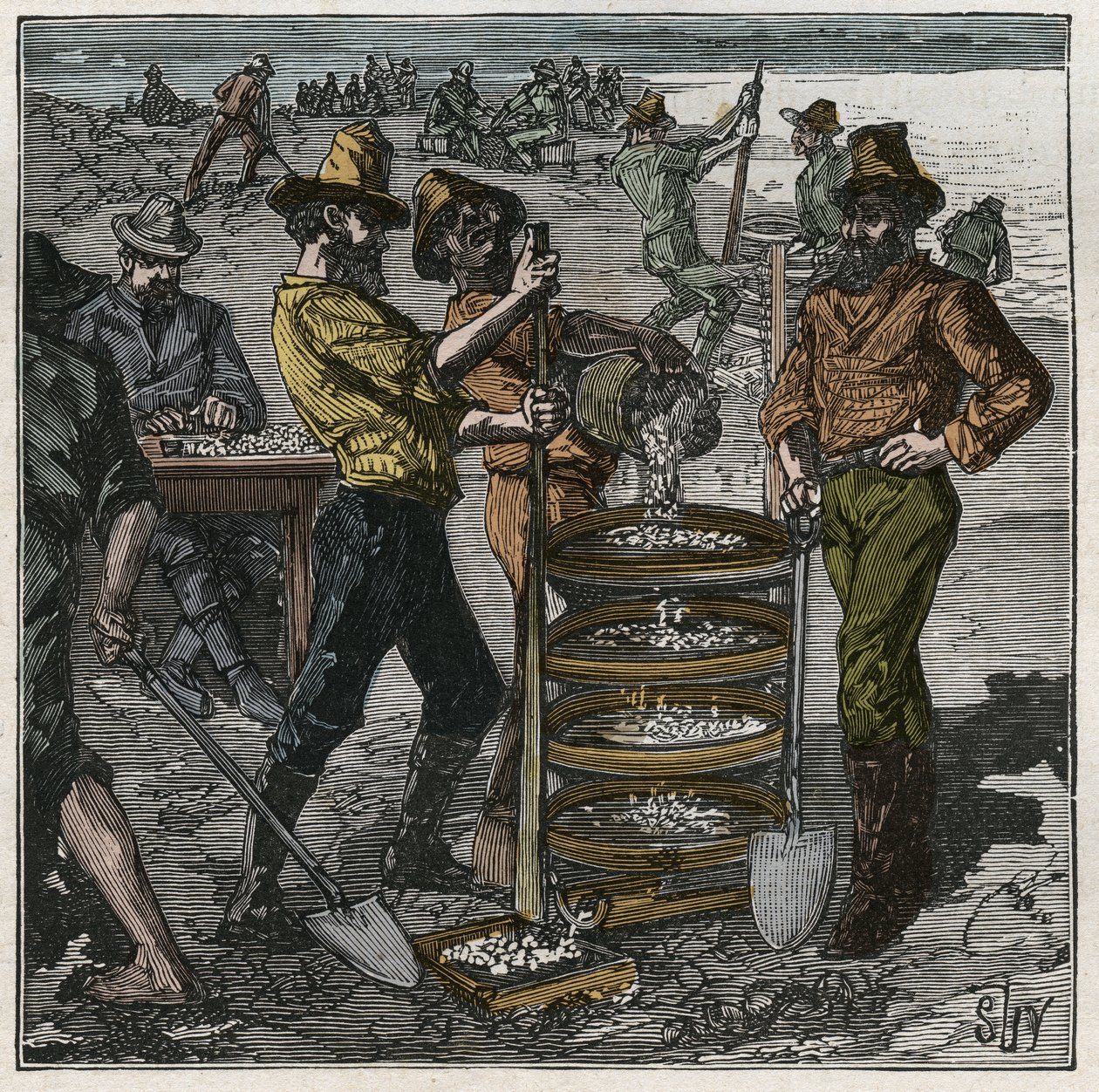 Diamantenwäsche in Südafrika im 19. Jahrhundert. Gravur von 1885 in „Les arts et métiers illustrés“ von Adolphe Bitard. von French School