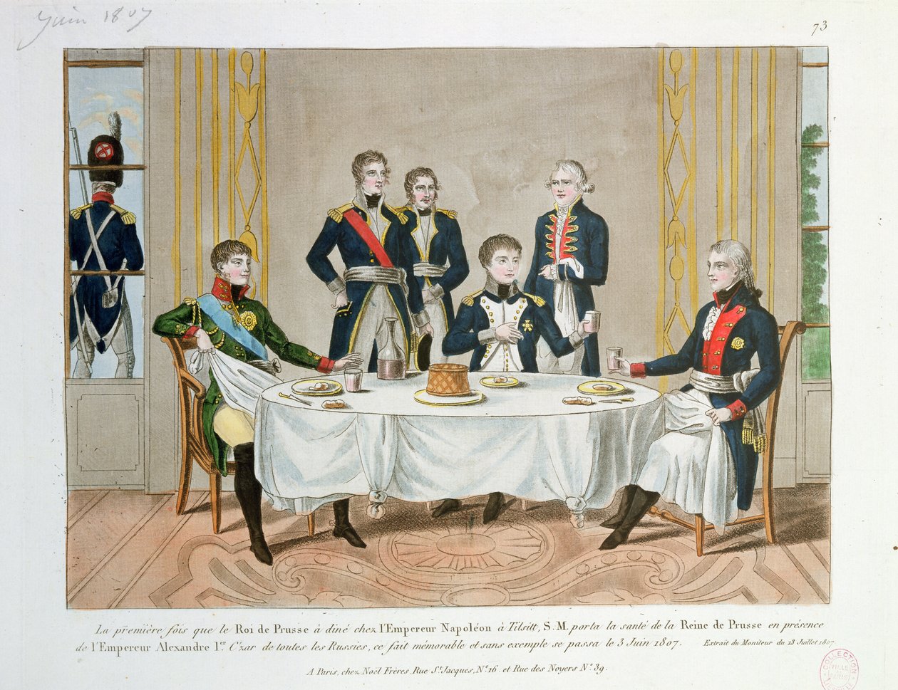 Abendessen in Tilsit zwischen Friedrich Wilhelm III. von Preußen, Zar Alexander I. von Russland und Napoleon, der einen Toast auf die Königin von Preußen ausbringt, 3. Juni 1807 von French School